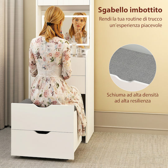 Bodenstehende Schminktisch Schlafzimmer Holz Weiß mit Spiegel & Hocker 50x40x160cm