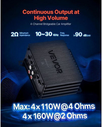 Vevor Car Audio Amplifier 4 Channels Bridgeable Multichannel Class D Stereo Output Max 4 X 110w at 4 Ohms 4 X 160w at 2 Ohms High Performance SUVs & Off Road Vehicles 4tddl4x80wrm9nb6l001v9