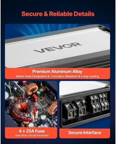 Vevor Car Audio Amplifier 4-channel Bridgeable Car Amplifier Multichannel Class D Stereo Amp Max 4 X 500w At 4 Ohms 4 X 1000w At 2 Ohms High Output Suvs Pickups Off-road Vehicles