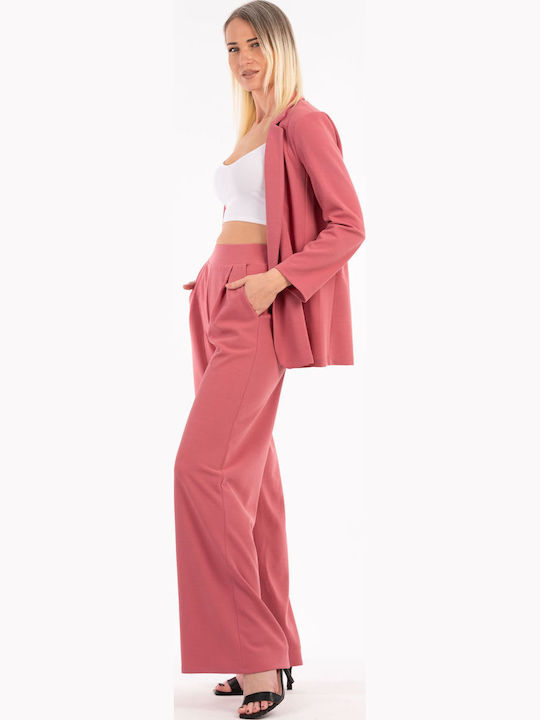 Women's High-waisted Crepe Trousers with Elastic Antique Pink