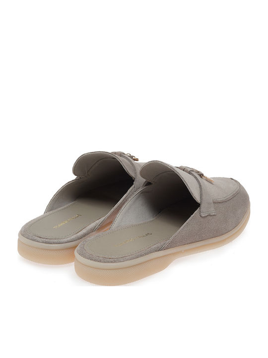 Flat Suede Mules in Gray Color