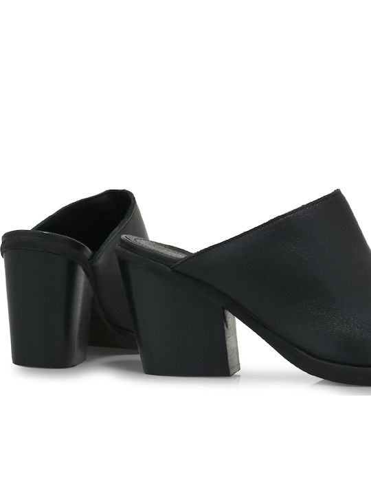 Leather Mules with High Heel in Black Color