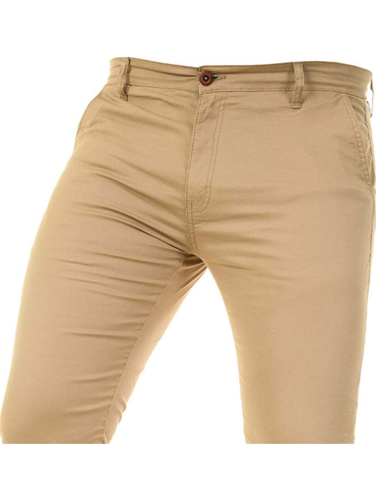 Pantaloni Chino Elastic cu Croială Slim Bej