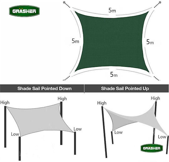 Grasher Square Green Shade Sail With Hoop 5x5m 180gr/m²