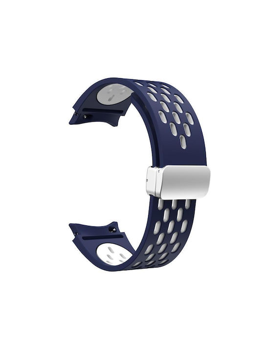 Samsung Galaxy Watch 7 40 44mm Δύο Χρώματα Μαγνητική Πτυσσόμενη Ασημένια Πόρπη Σιλικόνης Ζώνη Ρολογιού Μεσονυχτί Μπλε Λευκό
