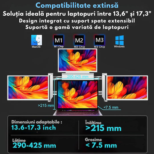 Monitor Portabil Extensibil Pentru Laptop Qova Ecran Quad 14 Inch 3 Ecrane Ips Full Hd 1080p Pliabil Rotativ 360° Compatibil Windows Macbook Suport Reglabil Compatibil Laptopuri 13.6" 17.3" Reglare Luminozitate Geantă