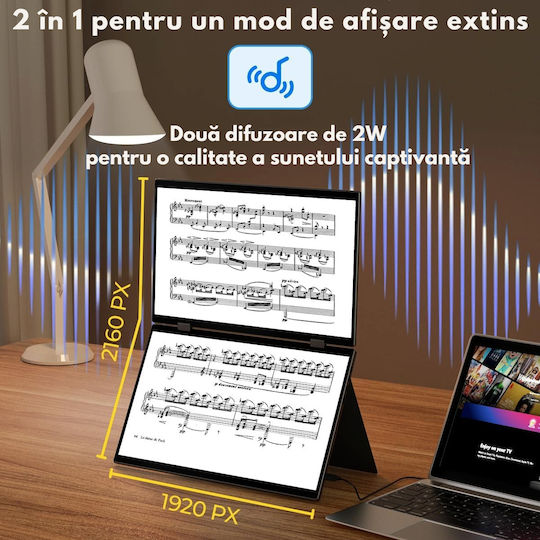 Monitor Portabil Pliabil Dual 15,6 Inch Fhd Laptop Extensor Ecran 1080p Qova Rotire 360° Usb-c Ecran Extensibil Laptop Încărcare Rapidă 65w Moduri Vertical Orizontal Compatibil Windows Mac Android Plug Play 100% Srgb