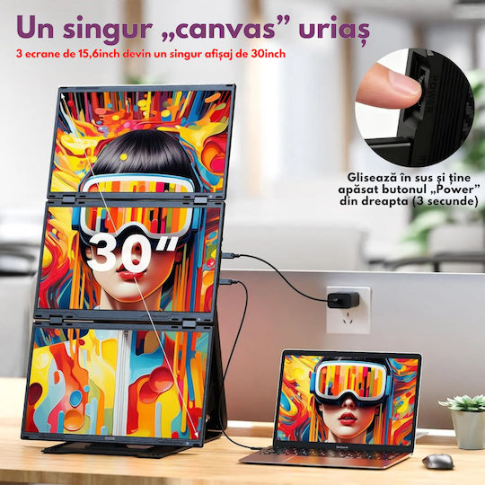 Monitor Portabil Triplu Extensibil Laptop Qova Quad Screen 3×15.6 Inch 3 Ecrane Full Hd Ips 1080p Suport Rotativ 360° Carcasă Integrată Extender Compatibil Windows Macos Conexiune Usb-c Hdmi Suport Reglabil