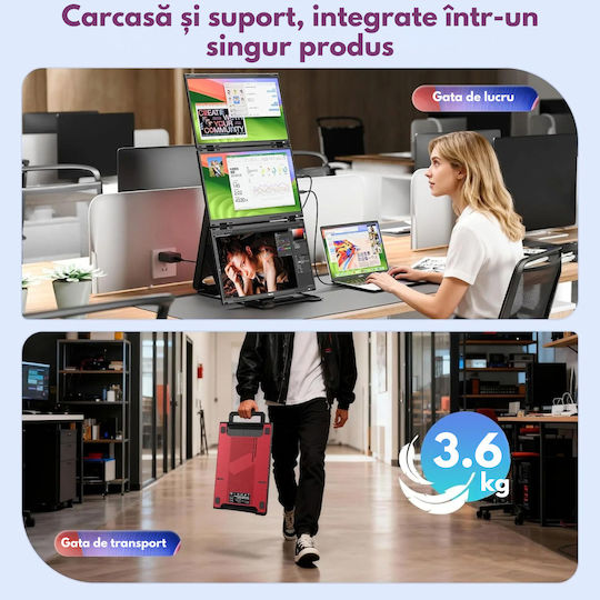 Monitor Portabil Triplu Extensibil Laptop Qova Quad Screen 3×15.6 Inch 3 Ecrane Full Hd Ips 1080p Suport Rotativ 360° Carcasă Integrată Extender Compatibil Windows Macos Conexiune Usb-c Hdmi Suport Reglabil