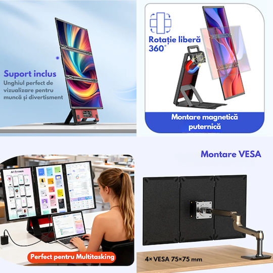 Monitor Portabil Triplu Extensibil Laptop Qova Quad Screen 3×15.6 Inch 3 Ecrane Full Hd Ips 1080p Suport Rotativ 360° Carcasă Integrată Extender Compatibil Windows Macos Conexiune Usb-c Hdmi Suport Reglabil