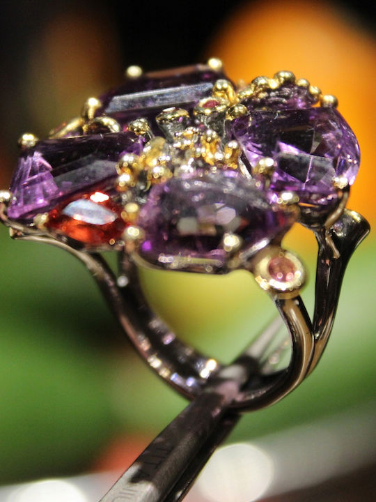 Artistic Silver Ring Natural Amethysts Spinels Garnet Size 22.5