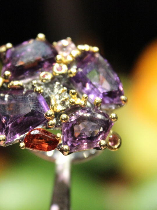 Artistic Silver Ring Natural Amethysts Spinels Garnet Size 22.5