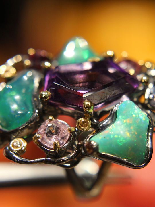 Artistic Silver Ring Amethyst Opals Garnet Size 14.5