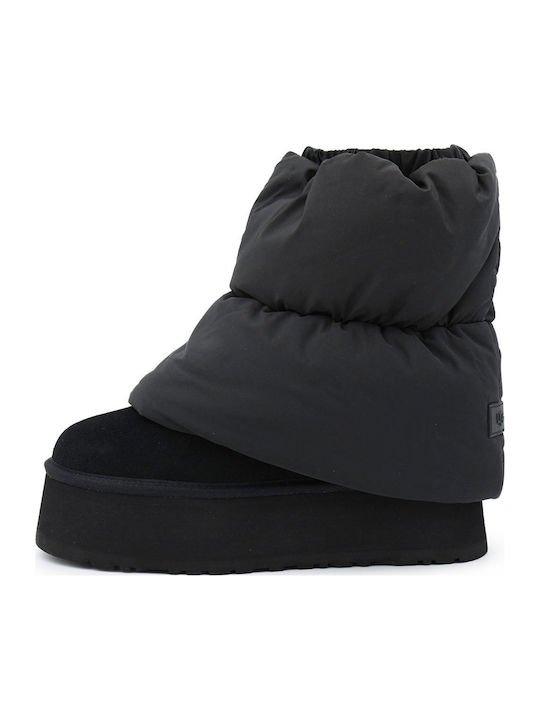 Classic Mini Dipper Puffer Suede Women's Ankle Boots with Fur Black
