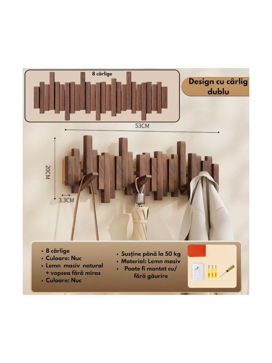 Wooden Wall Hanger 8 Hooks Brown 53x20cm