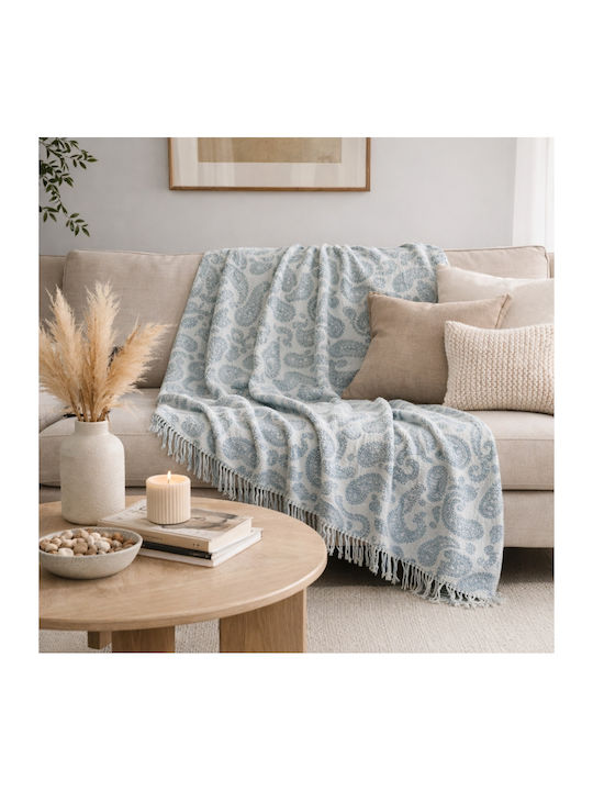My Home Luxury Armchair Throw 180x200cm Ecru With Blue Pattern T2bl 180 T2BL 180
