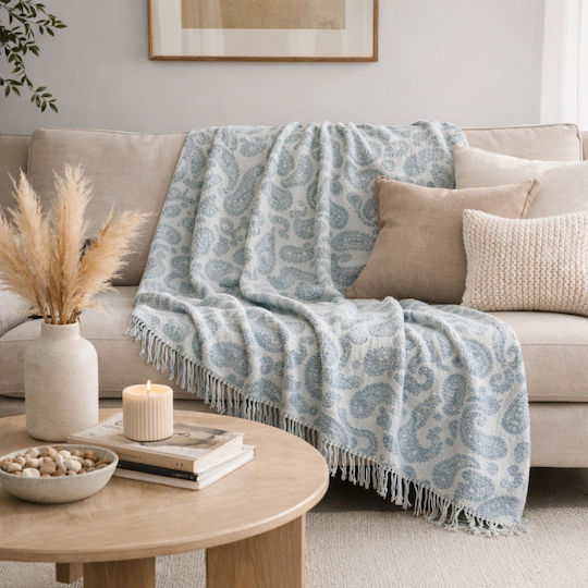 My Home Luxury Armchair Throw 180x200cm Ecru With Blue Pattern T2bl 180 T2BL 180