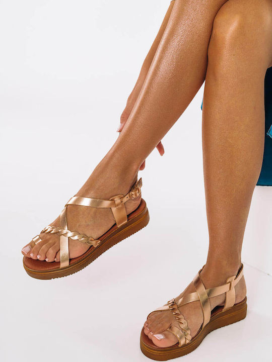 Μπρονζέ Δερμάτινα Flatforms Πλεκτό Μπροστινό Λουρί