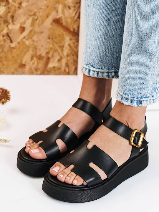 Flatforme Negre Cu Model Geometric Și Cataramă Aurie