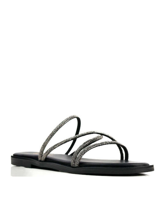 Black Slippers Made In Greece Glitter Straps