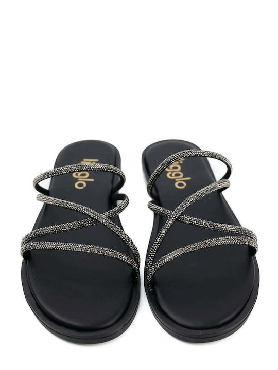Black Slippers Made In Greece Glitter Straps