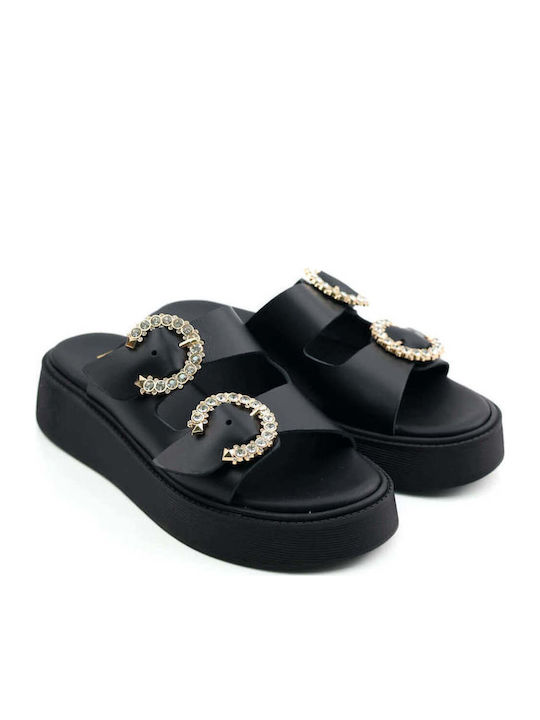 Μαύρα Flatforms Διπλά Ρυθμιζόμενα Λουριά Στρας