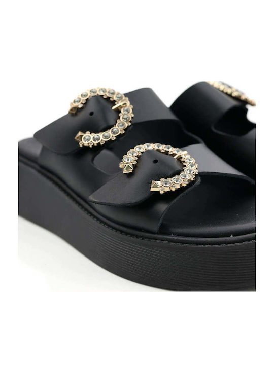 Μαύρα Flatforms Διπλά Ρυθμιζόμενα Λουριά Στρας