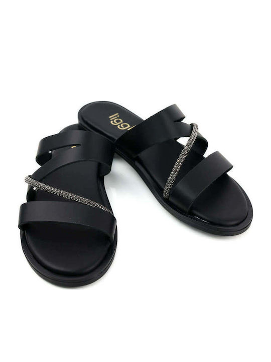 Black Slippers Wide Straps Rhinestone Strip