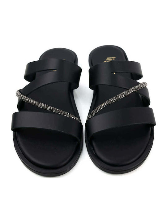 Black Slippers Wide Straps Rhinestone Strip