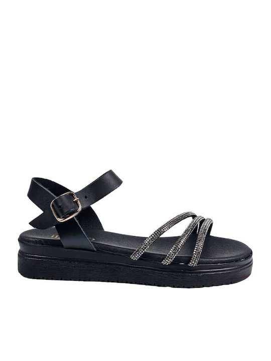 Μαύρα Δερμάτινα Flatforms Λεπτά Λουριά Στρας