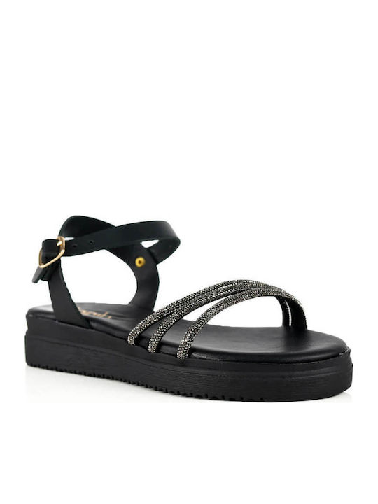 Μαύρα Δερμάτινα Flatforms Λεπτά Λουριά Στρας