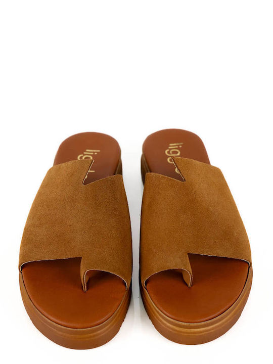 Tabac Brown Leather Flatform Sandals Suede Texture