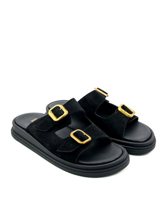 Schwarze Flatforms mit Doppelriemen und Metallösen