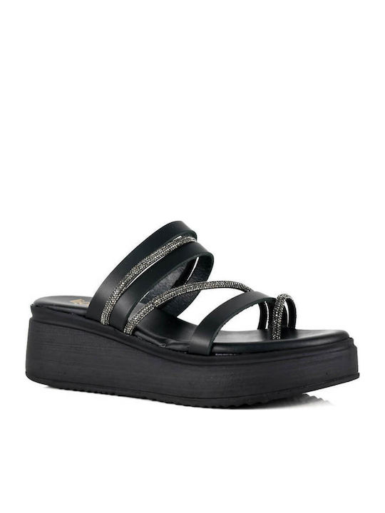 Черни Кожени Flatforms Тънки Метализирани Презрамки