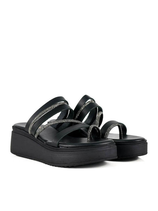 Черни Кожени Flatforms Тънки Метализирани Презрамки