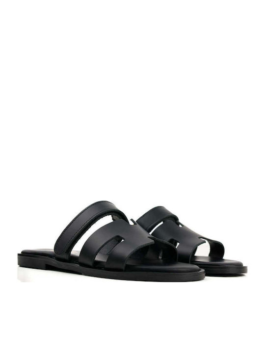 Black Leather Slippers With Adhesive Closure