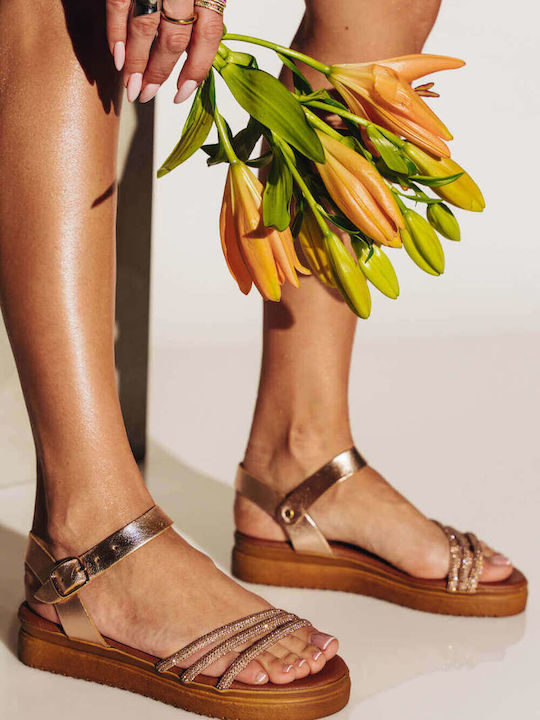 Flatforme Din Piele Bronz Cu Bretele Subțiri Ștrasuri