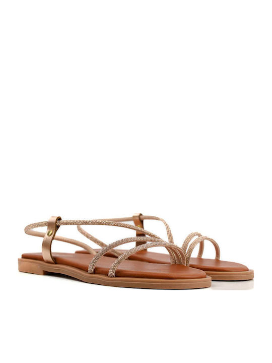 Bronze Leather Sandals With Rhinestones Without Buckle