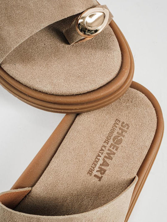 Δερμάτινα Γυναικεία Σανδάλια Flatforms Μπεζ