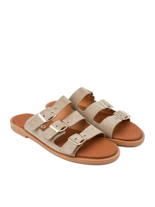 Beige Leather Suede Slippers Buckles