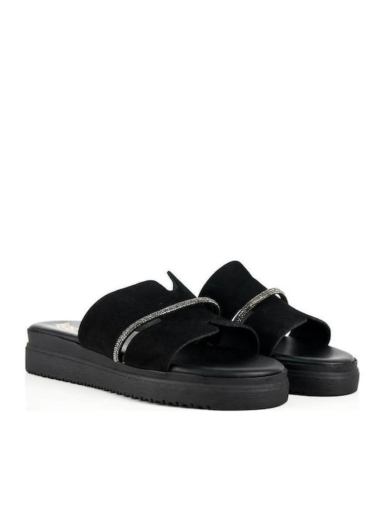 Schwarze Flatform Damen Sandalen mit Strass-Detail
