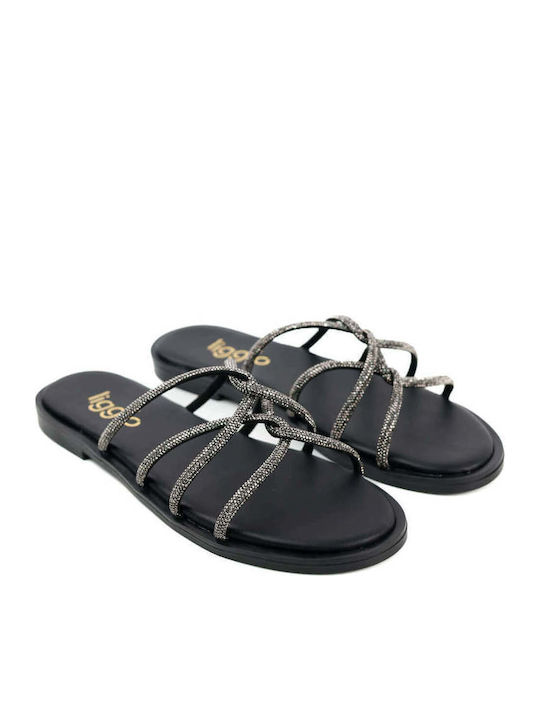 Black Glitter Mesh Slippers Thin Straps