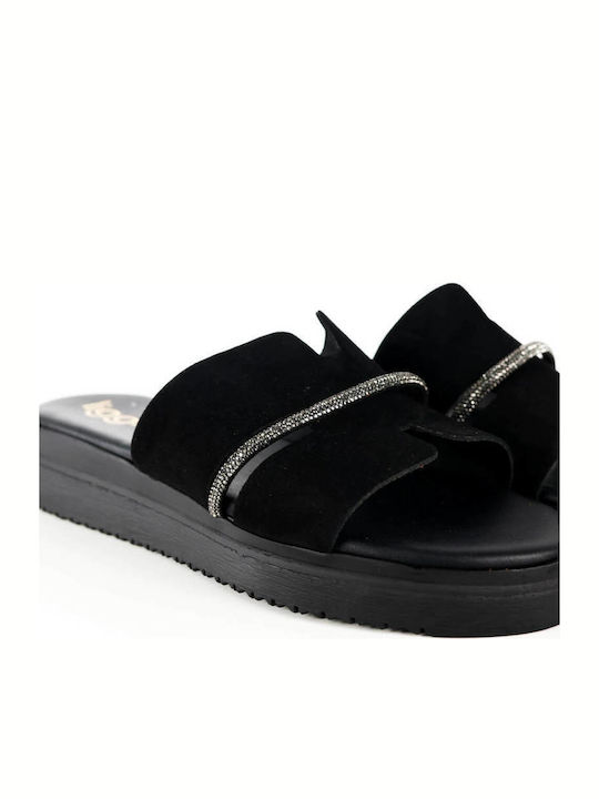 Schwarze Flatform Damen Sandalen mit Strass-Detail