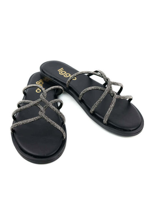 Black Glitter Mesh Slippers Thin Straps