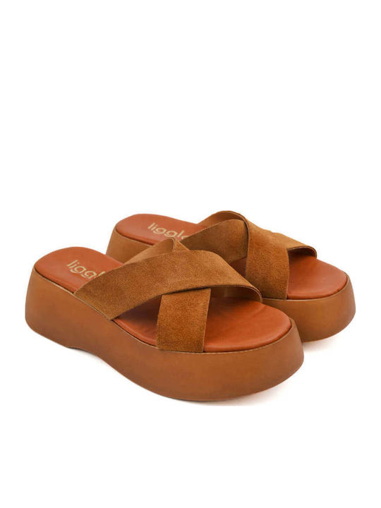 Tabac Brown Leather Flatform Sandals Crossover Straps