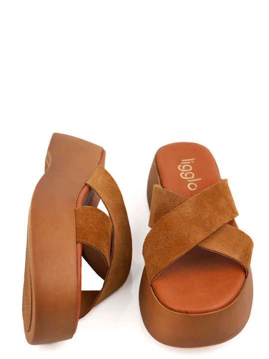 Tabac Brown Leather Flatform Sandals Crossover Straps