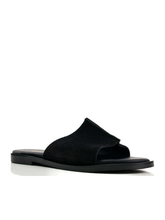 Black Leather Wide Slip-On Sandals With Single Strap