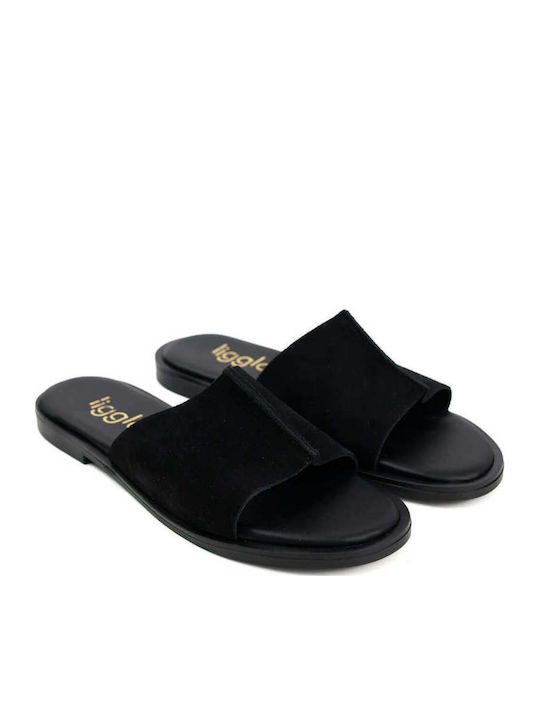 Black Leather Wide Slip-On Sandals With Single Strap