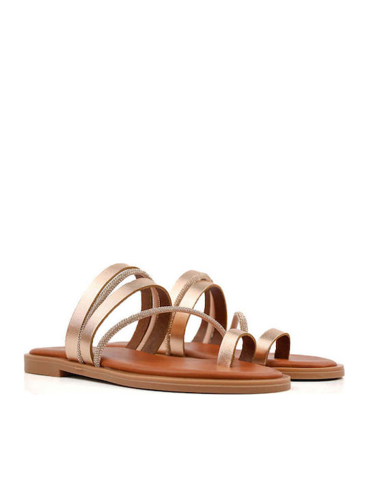 Ligglo Μπρονζέ Flache Sandalen für Damen Δέρμα Στρας