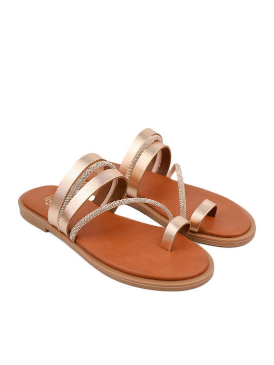 Ligglo Μπρονζέ Flache Sandalen für Damen Δέρμα Στρας